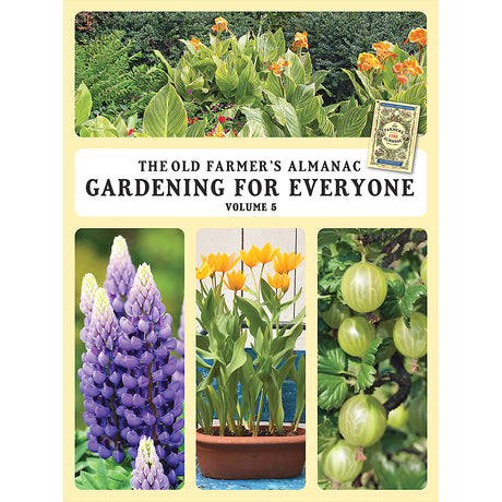 Book cover of 'Gardening for Everyone' by The Old Farmer's Almanac with images of plants and flowers.