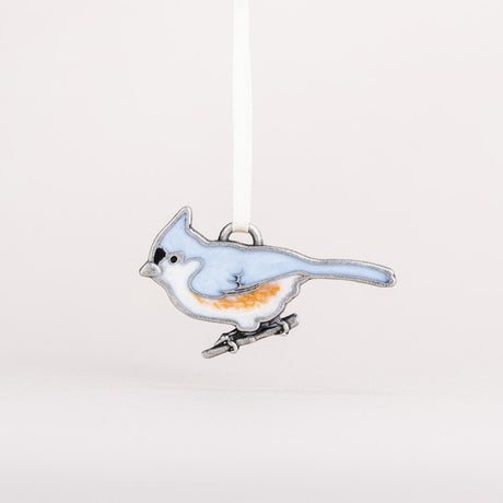 Hand-painted Tufted Titmouse Ornament featuring a blue-gray songbird with large black eyes, beautifully crafted in pewter