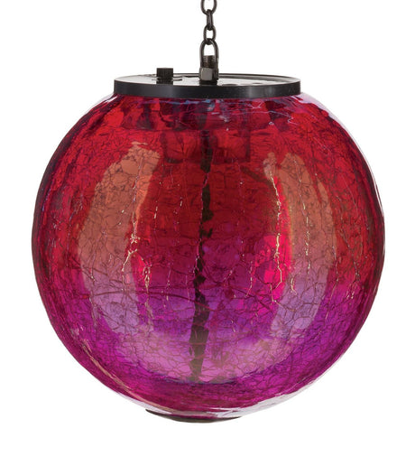 close up view of a round, red and pink glass globe lantern with crackle texture on glass. On/off switch and hanging chain visible at top of globe