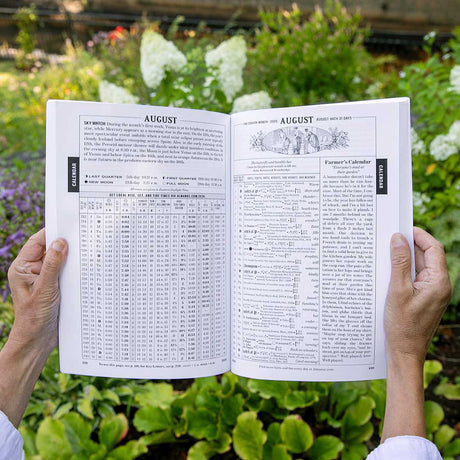 Person holding the Easy to Read Almanac open to the August weather page with text and tables against a garden background