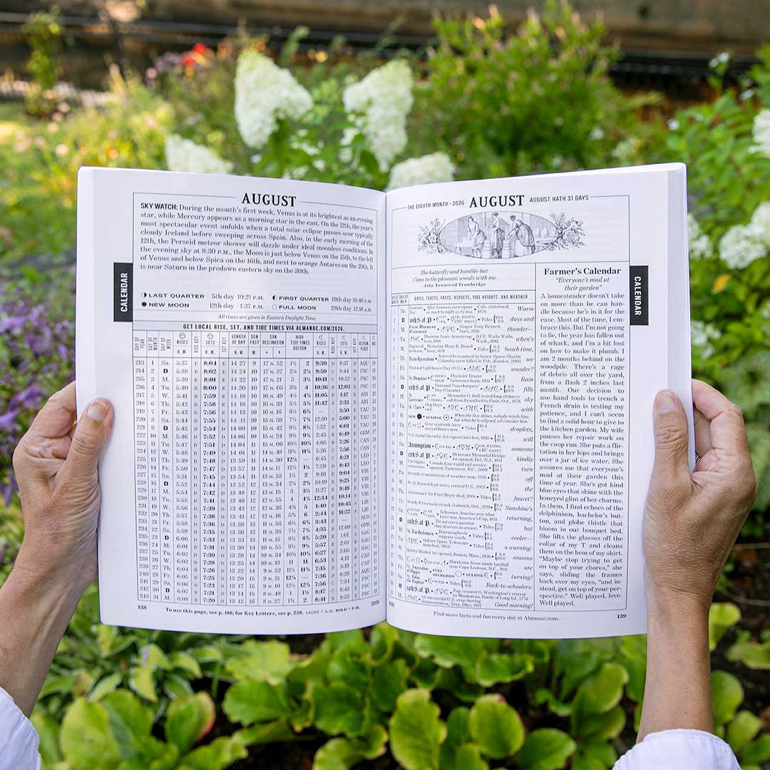 Person holding the Easy to Read Almanac open to the August weather page with text and tables against a garden background