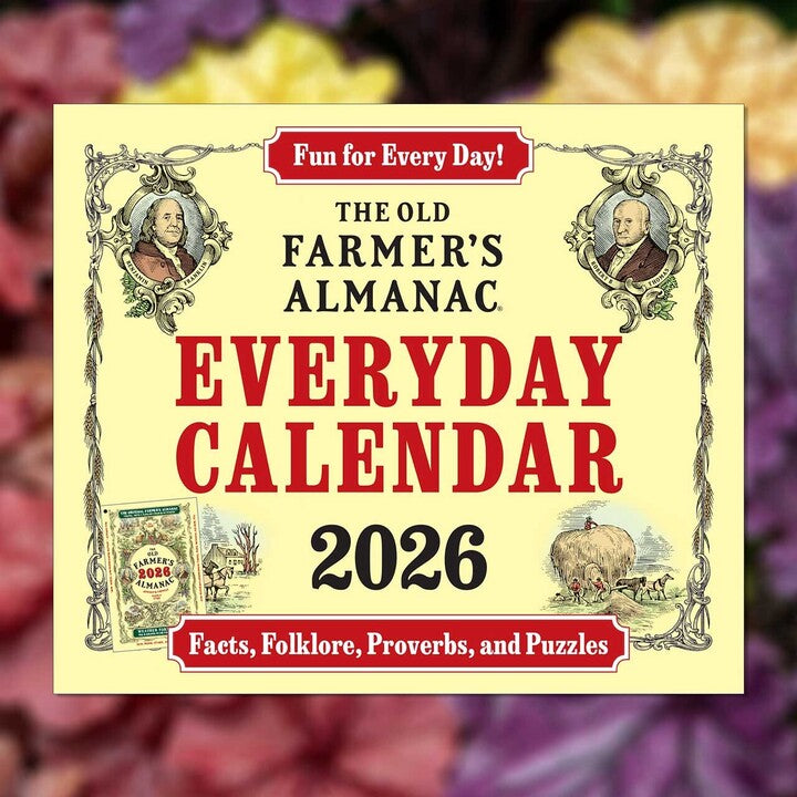 The cover image for The Old Farmer's Almanac Everyday Calendar 2026 featuring iconic Almanac Yellow background and Robert B Thomas and Ben Franklin portraits 