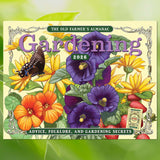 The cover image for the 2026 Old Farmer's Almanac Gardening Calendar featuring purple, yellow, and orange flowers and a butterfly