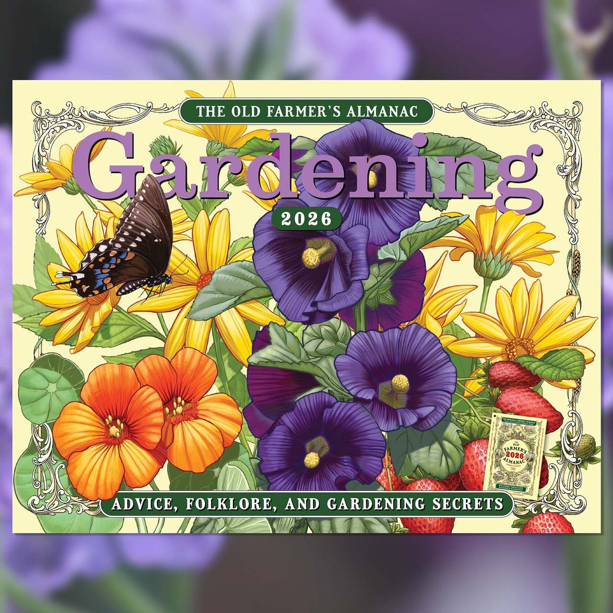 The cover image for the 2026 Old Farmer's Almanac Gardening Calendar featuring purple, yellow, and orange flowers and a butterfly