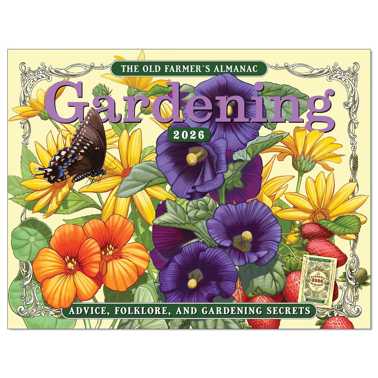 The cover image for the 2026 Old Farmer's Almanac Gardening Calendar featuring purple, yellow, and orange flowers and a butterfly