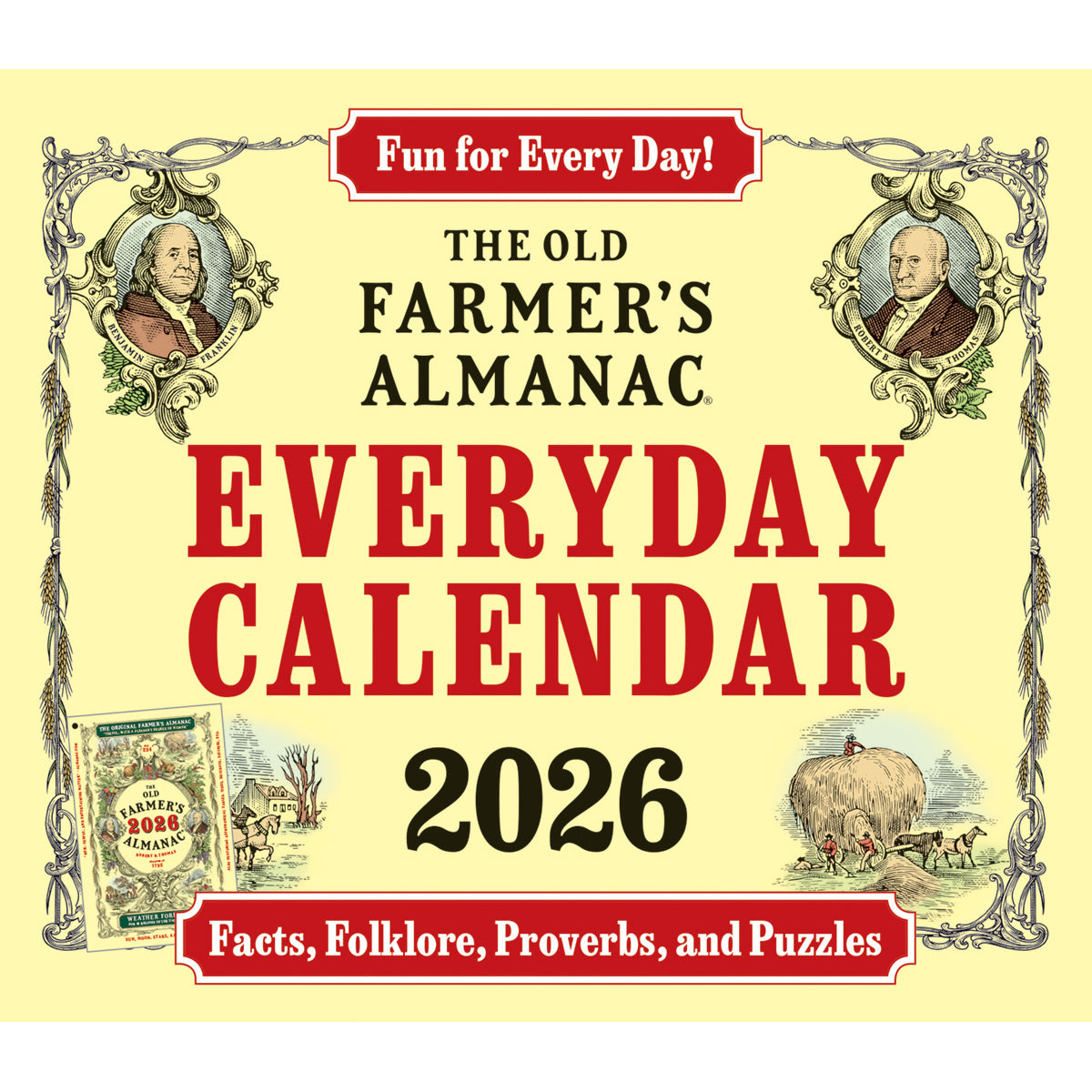 The cover image for The Old Farmer's Almanac Everyday Calendar 2026 featuring iconic Almanac Yellow background and Robert B Thomas and Ben Franklin portraits 