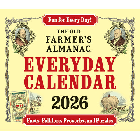The cover image for The Old Farmer's Almanac Everyday Calendar 2026 featuring iconic Almanac Yellow background and Robert B Thomas and Ben Franklin portraits 