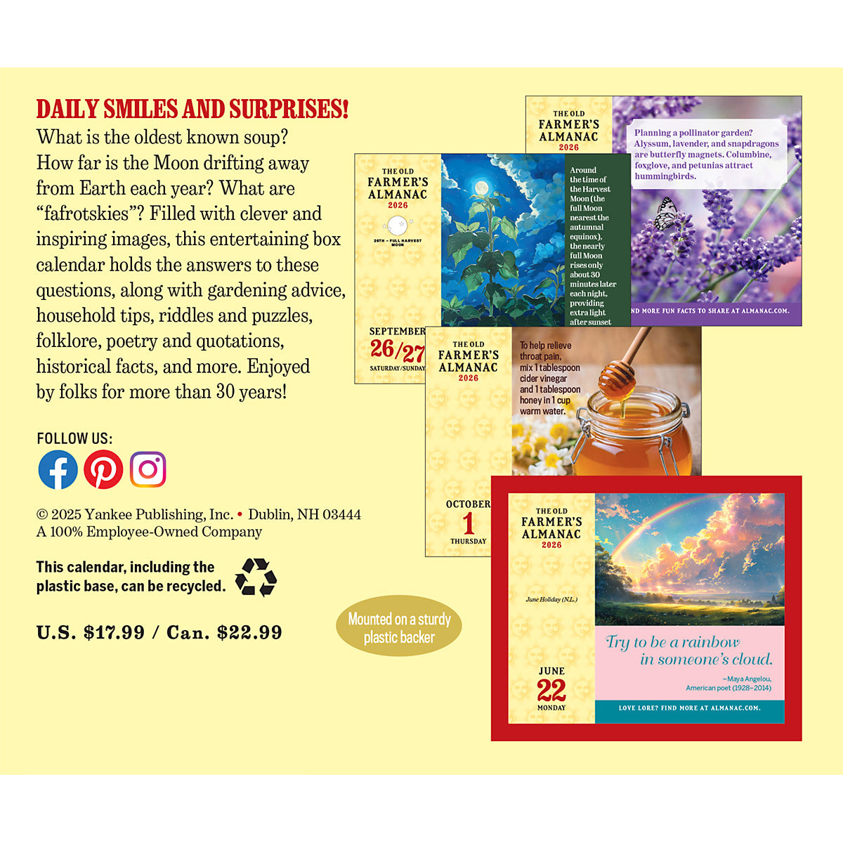 the back of the box that the Old Farmer's Almanac Everyday Calendar is packaged in which features a selection of interior pages and the text, "Daily Smiles and Surprises!" along with more info about calendar features and contents