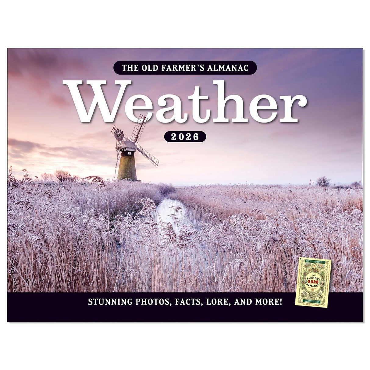 the cover of The Old Farmer's Almanac Weather 2026 calendar featuring an icy wheat field with a charming windmill in the background
