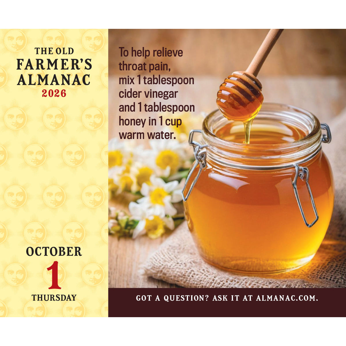 The interior October 1 page for the Everyday calendar featuring a photo of a jar of honey with a honey dipper on a table with flowers in the background and the caption "To help relieve throat pain, mix 1 tablespoon cider vinegar and 1 tablespoon honey in 1 cup warm water"