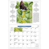 the interior page of the Gardening calendar showing the April page with moon phases, holidays, and beautiful illustration of a butterfly landing on vibrant green spice bush leaves with small yellow blooms