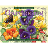 The cover image for the 2026 Old Farmer's Almanac Gardening Calendar featuring purple, yellow, and orange flowers and a butterfly