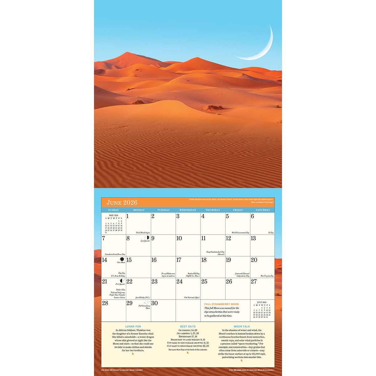 interior page of the 2026 Moon calendar open to the June monthly page featuring a stunning photo of red sand dunes with a large crescent moon rising in the blue sky