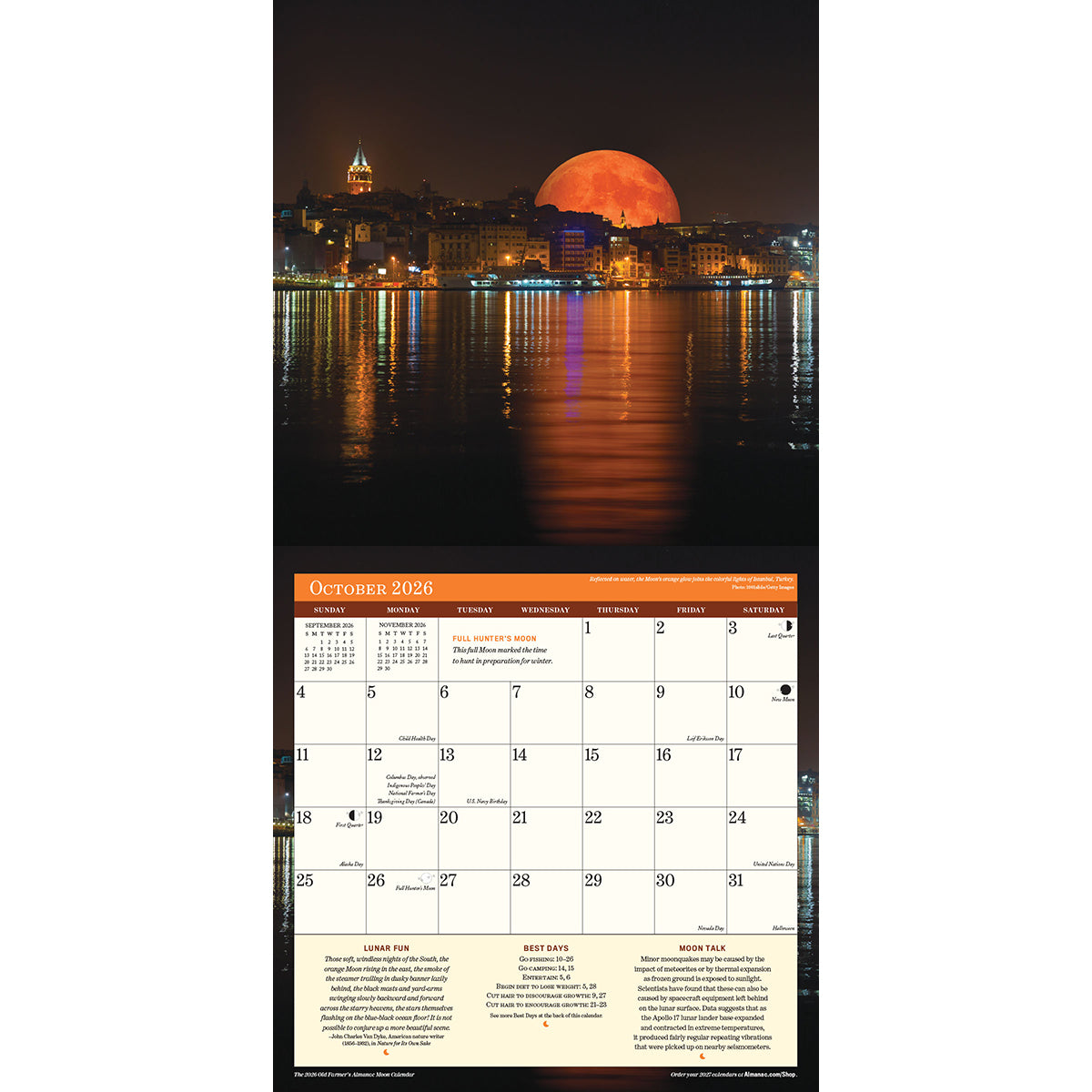 interior page of the 2026 Moon calendar featuring an image of the full moon's orange glow rising above the skyline of Istanbul, Turkey, with the moon and city lights reflected in the water