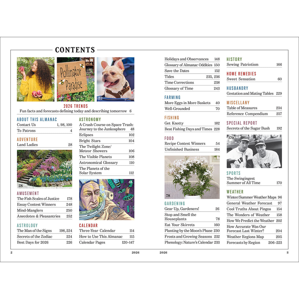 Table of contents page from a 2026 Old Farmer's Almanac with various sections and images.