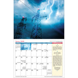 interior page of the 2026 Weather calendar - April page featuring a dramatic photo of bolts of lightning striking power lines
