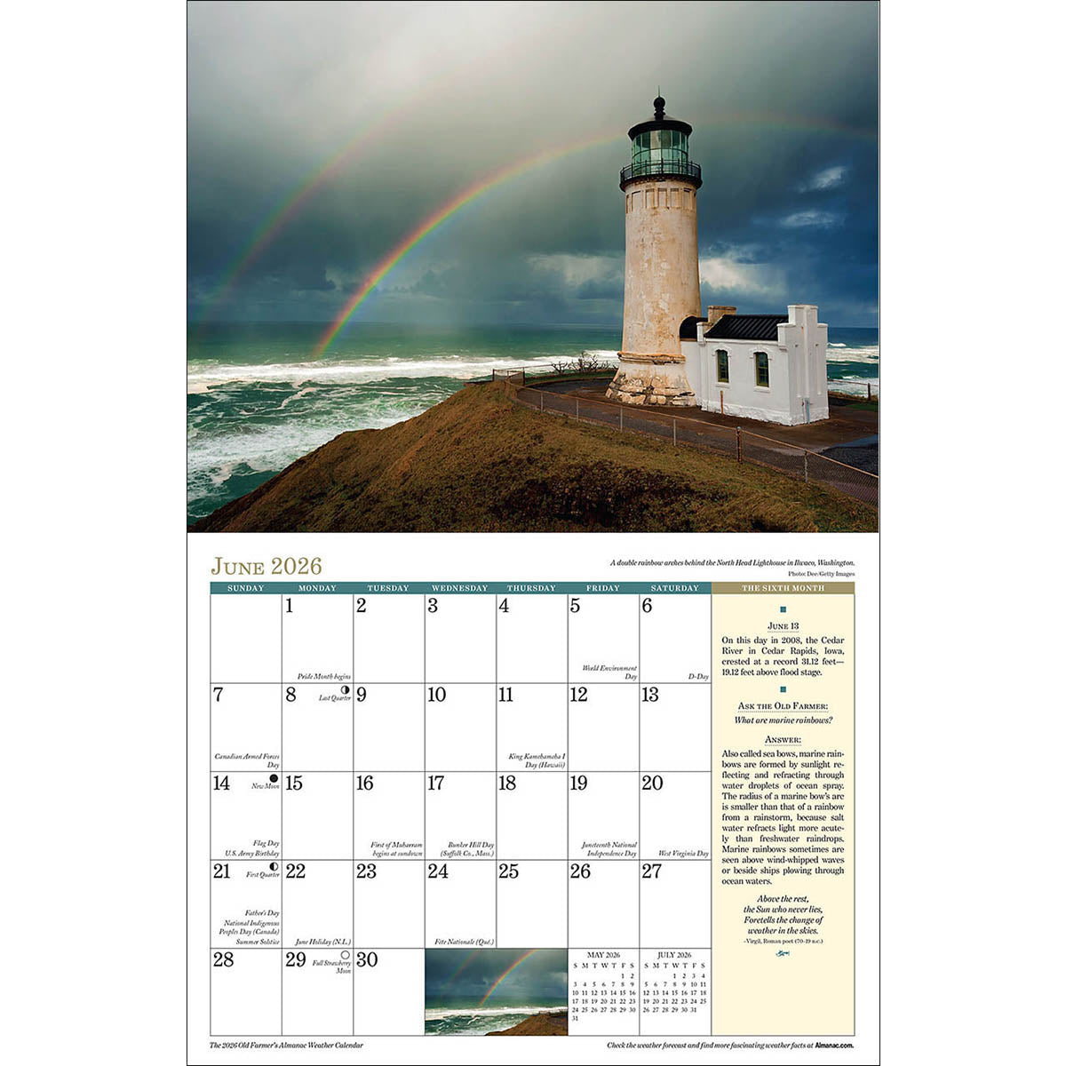 interior page of the 2026 Weather calendar open to the June page with a photo of a lighthouse overlooking a cloudy sea with a double rainbow across the sky