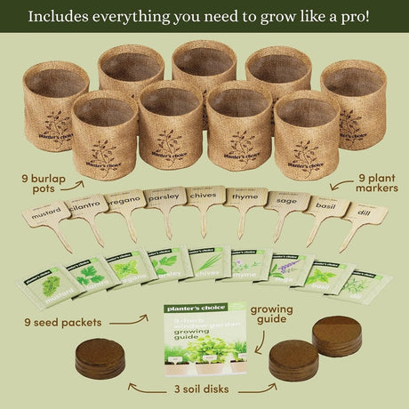 The entire contents of the kit fanned out so you can see the detail of each: 9 burlap pots, 9 plant markers marked with all of the plant names, 9 seed packets, 3 soil disks, and the growing guide