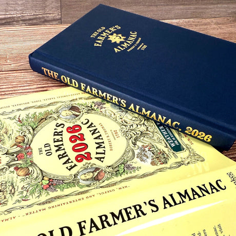 Two editions of The Old Farmer's Almanac on a wooden surface