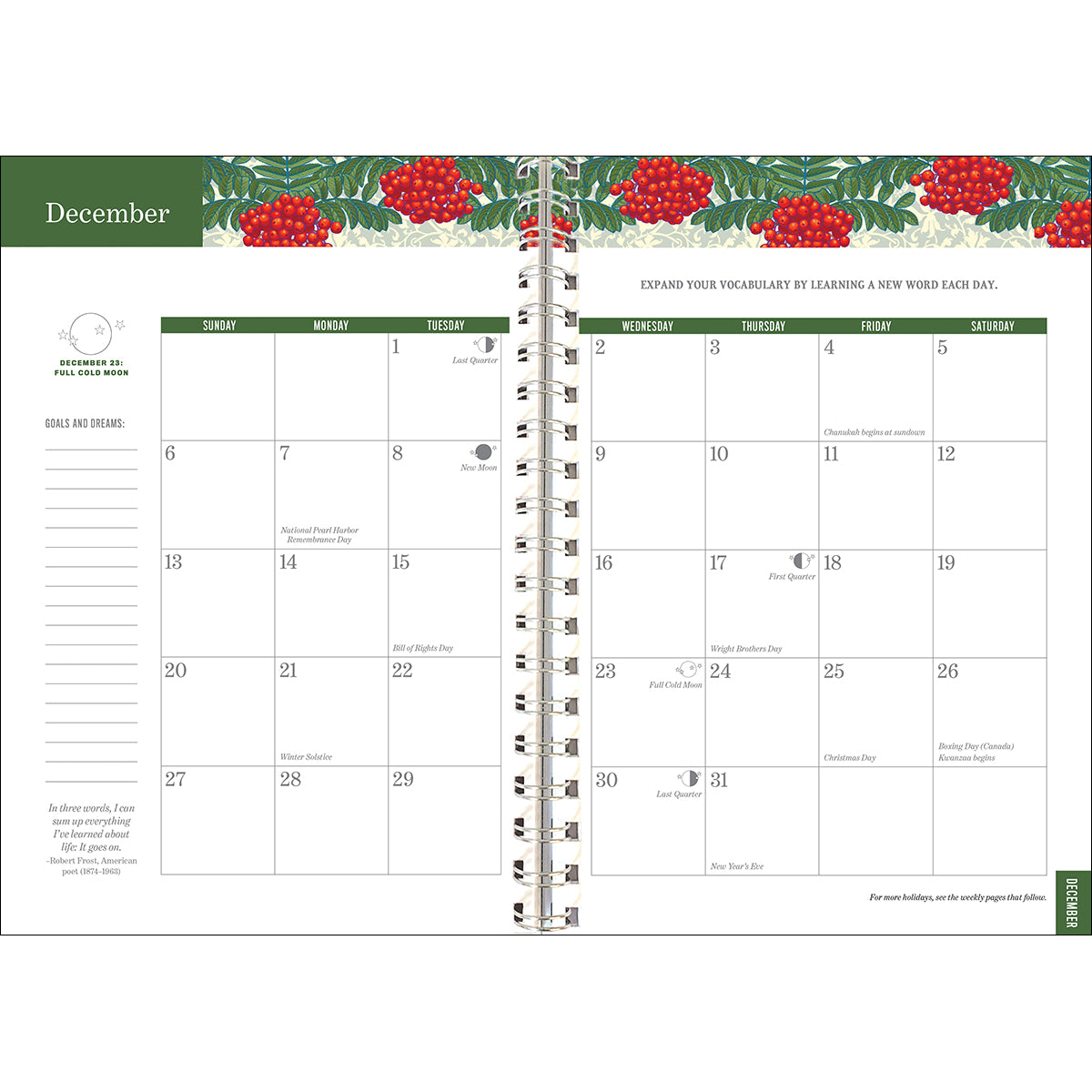 Interior page of the Old Farmer's Almanac planner showing the December page with full calendar, space for notes on the side, and charming red berry illustration at the top of the pages