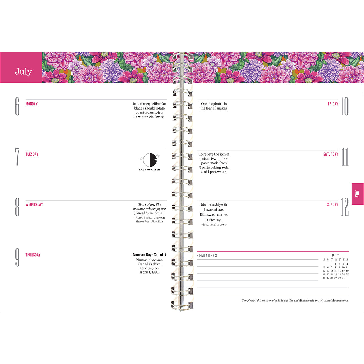 Interior page of the Old Farmer's Almanac planner showing the July 6-12 weekly planner page spread noting moon phases, holidays, with blooming pink and purple dahlia illustration at the top of the pages