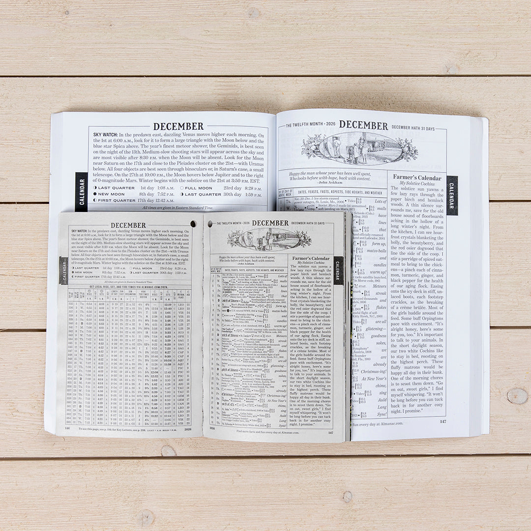 An open copy of the Easy to Read Almanac with a standard Almanac nested on top to show the size difference