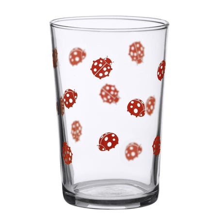 Clear glass with red ladybug patterns on a white background