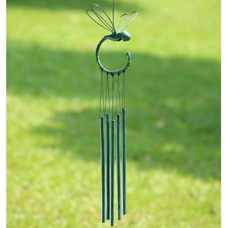 The dragonfly’s gracefully curled tail supports chime tubes that gently sing with the breeze, creating a soothing ambiance