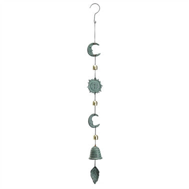 a full length view of the sun and moon windchime against a white background