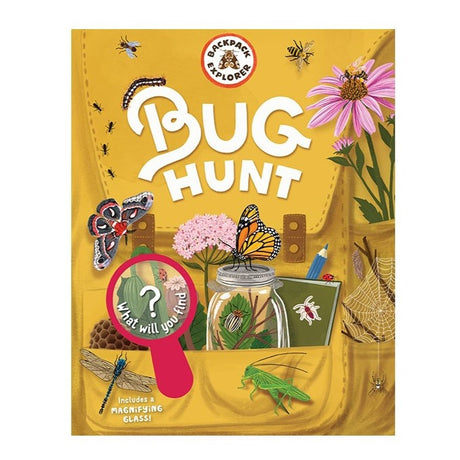 the front cover art for the Bug Hunt book featuring an illustration of a yellow backpack overflowing with bug tools and discoveries