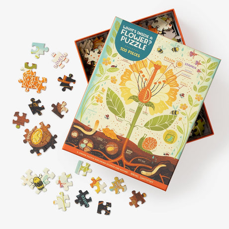 Flower puzzle with pieces and packaging on a white background