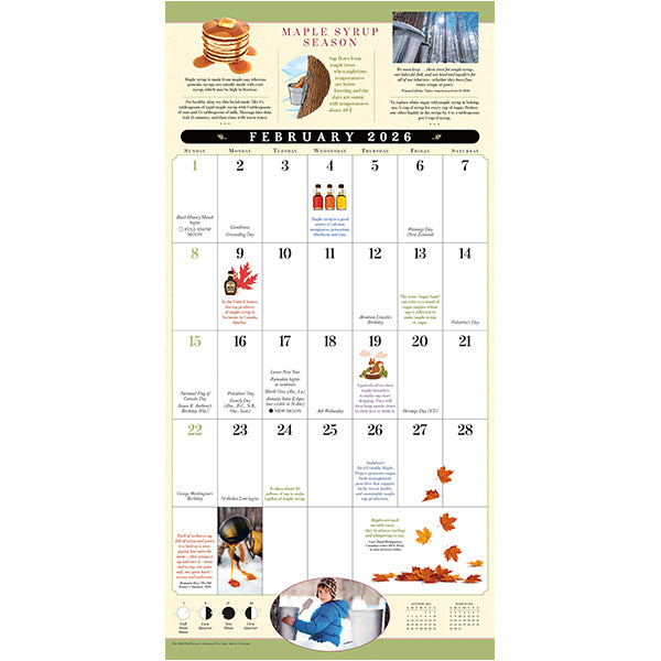 Calendar for February 2026 with seasonal images and text on a white background