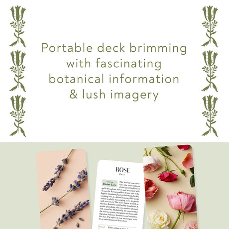 text reading "portable deck brimming with fascinating botanical information and lush imagery" above the lavender card, rose card, and the text side of the rose card