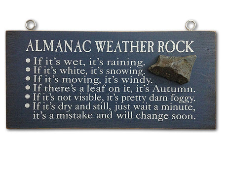 A black weather rock with white text containing various weather predictions, attached to a wall mount.
