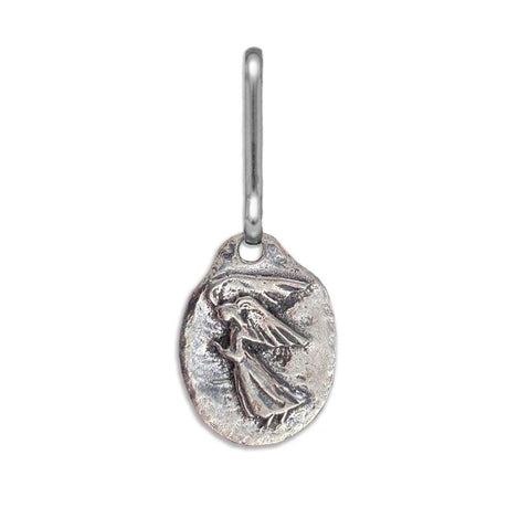 an oval shaped pewter zipper pull with a relief image of a praying angel in profile, set against a white background