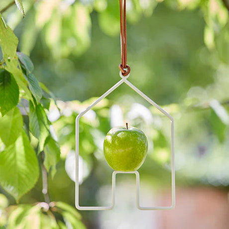 the apple bird feeder hanging from a tree branch with a bright green apple in the feeder