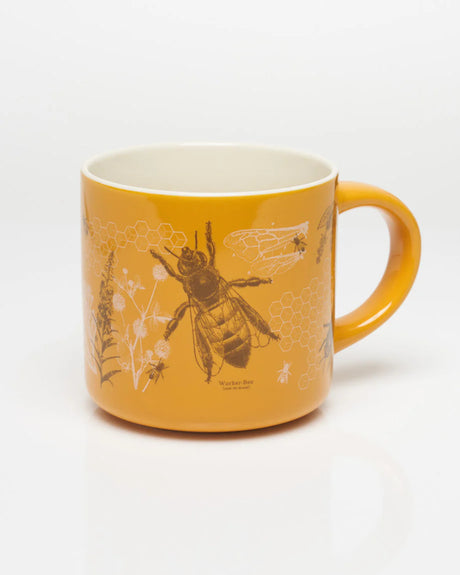 the other side of the goldenrod yellow coffee mug with vintage illustrations and scientific diagrams of honey bees