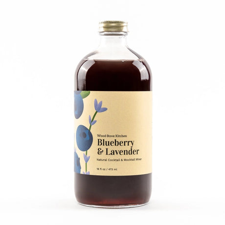 a bottle of Blueberry & Lavender mixer with a yellow label with illustrations of blueberries and lavender