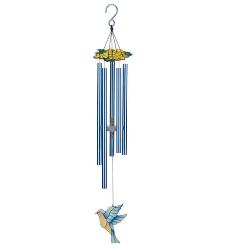 Bluebird Chimes with yellow floral canopy, blue chime tubes, and stained glass style bluebird sail