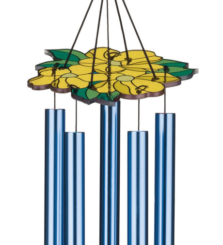 closeup of the yellow floral canopy of the bluebird chimes showing chimes hanging below