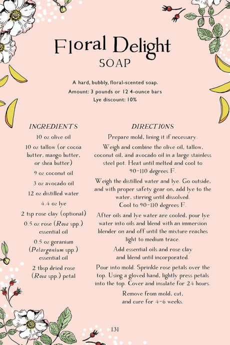 interior page of the Skin Care Recipe Book showing a recipe for Floral Delight Soap on pink paper with floral illustrations