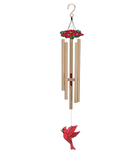 Cardinal Chimes with red floral canopy, copper chime tubes, and stained glass style cardinal sail