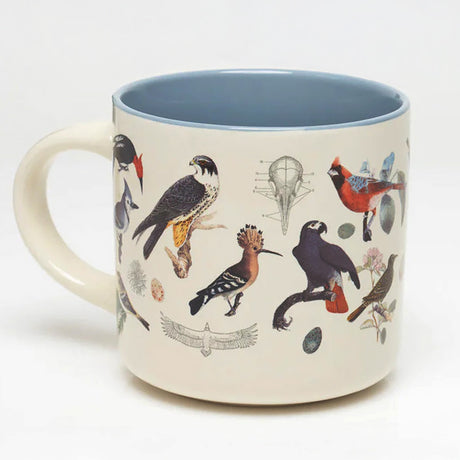 a white coffee mug with vintage illustrations of birds wrapping around it, and a solid sky blue print on the inside of the mug