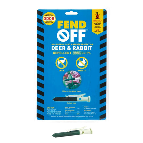 a blue rectangular package of Fend Off Deer & rabbit Repellent Odor clips with one odor clip shown below the package