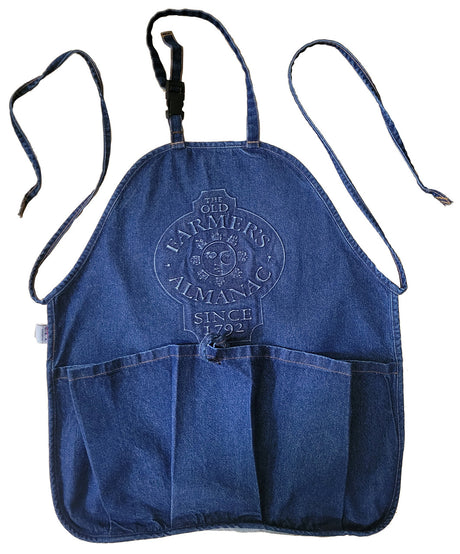 a denim gathering apron with deeply embossed Old Farmer's Almanac logo and large gathering pocket