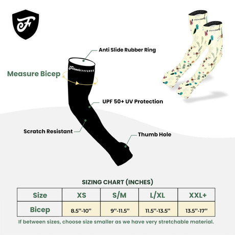 the size chart for the protection sleeves with instructions to measure your upper bicep and choose your corresponding size, sizing down if you are between sizes as the material is very stretchable