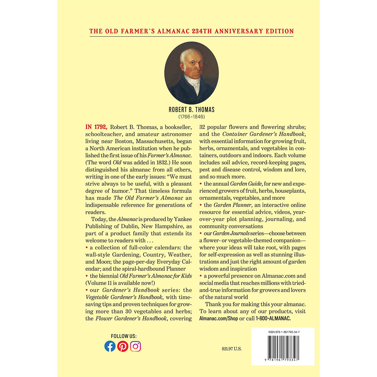 Back cover of The Old Farmer's Almanac with text and a portrait of Robert B. Thomas.
