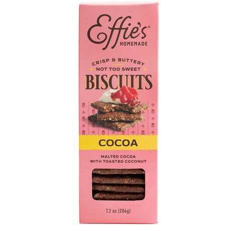 a pale pink box of Effie's Cocoa Biscuits featuring the Effie's logo, image of the biscuits, and a clear window in the box where the product is visible