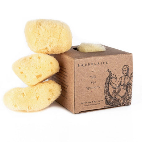 the silk facial sponge box next to a stack of 3 silk sponges