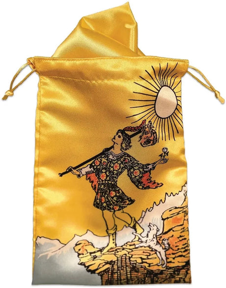 The Fool Tarot Pouch laid flat and partially turned inside out to show the golden yellow lining